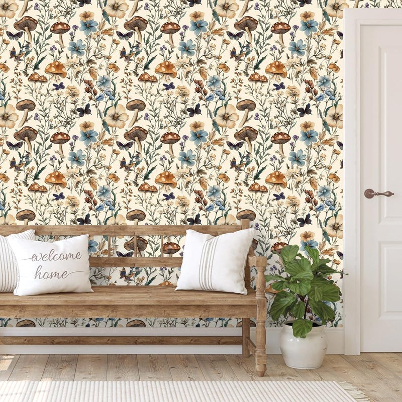 Froluya Mushroom Wallpaper Peel and Stick Vintage Floral Contact Paper 16.9" x 393.7" Boho Self Adhesive Removable Wallpaper Mushroom Forest Decorative Contact Paper for Bathroom Cabinets Vinyl - Image 2